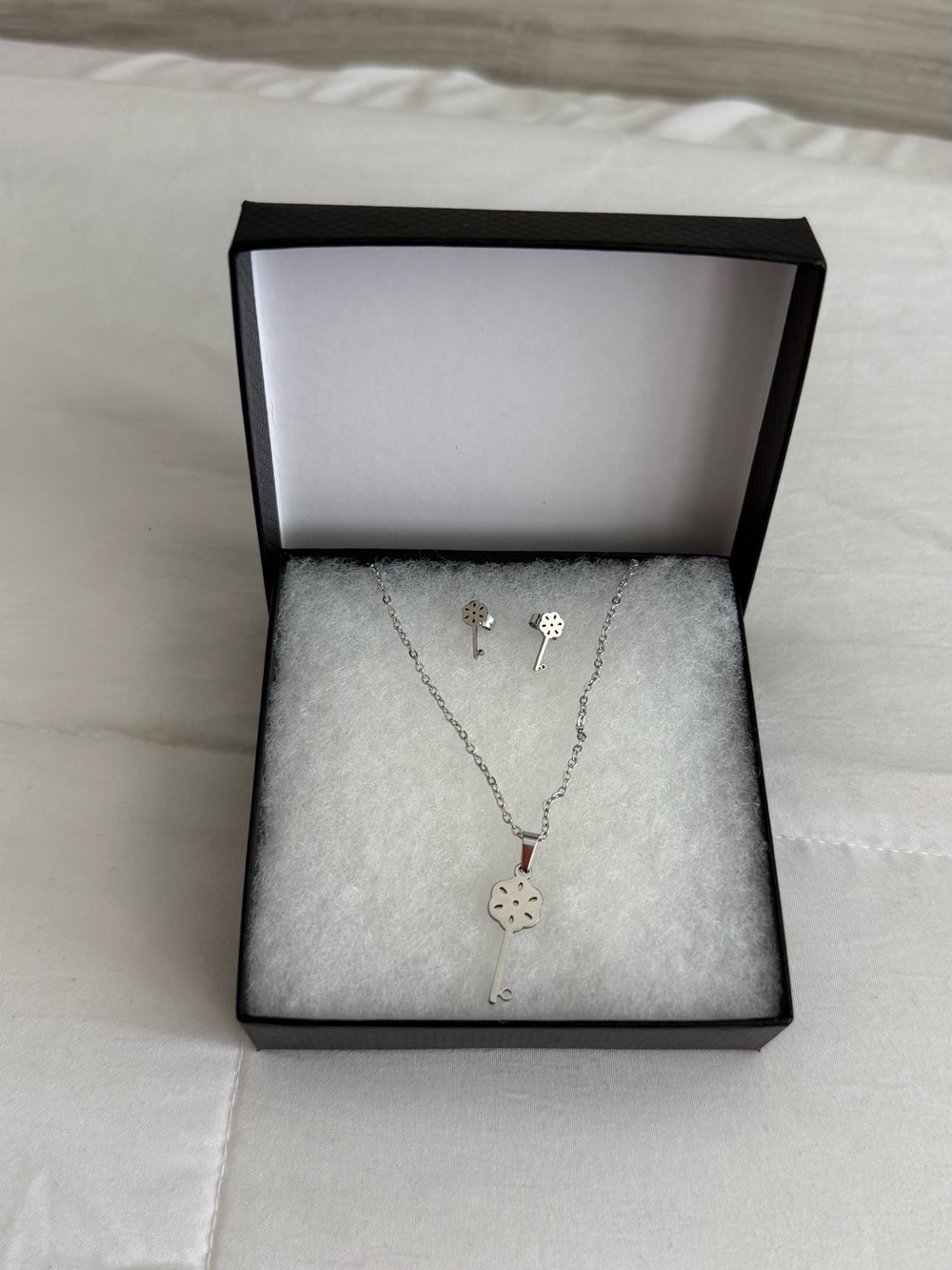 Stainless Steel Key Pendant Necklace and Stud Earrings Set - Silver